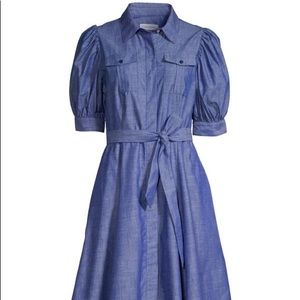 Calvin Klein Puff Sleeve Chambray Tie-Waist A-line Shirtdress
